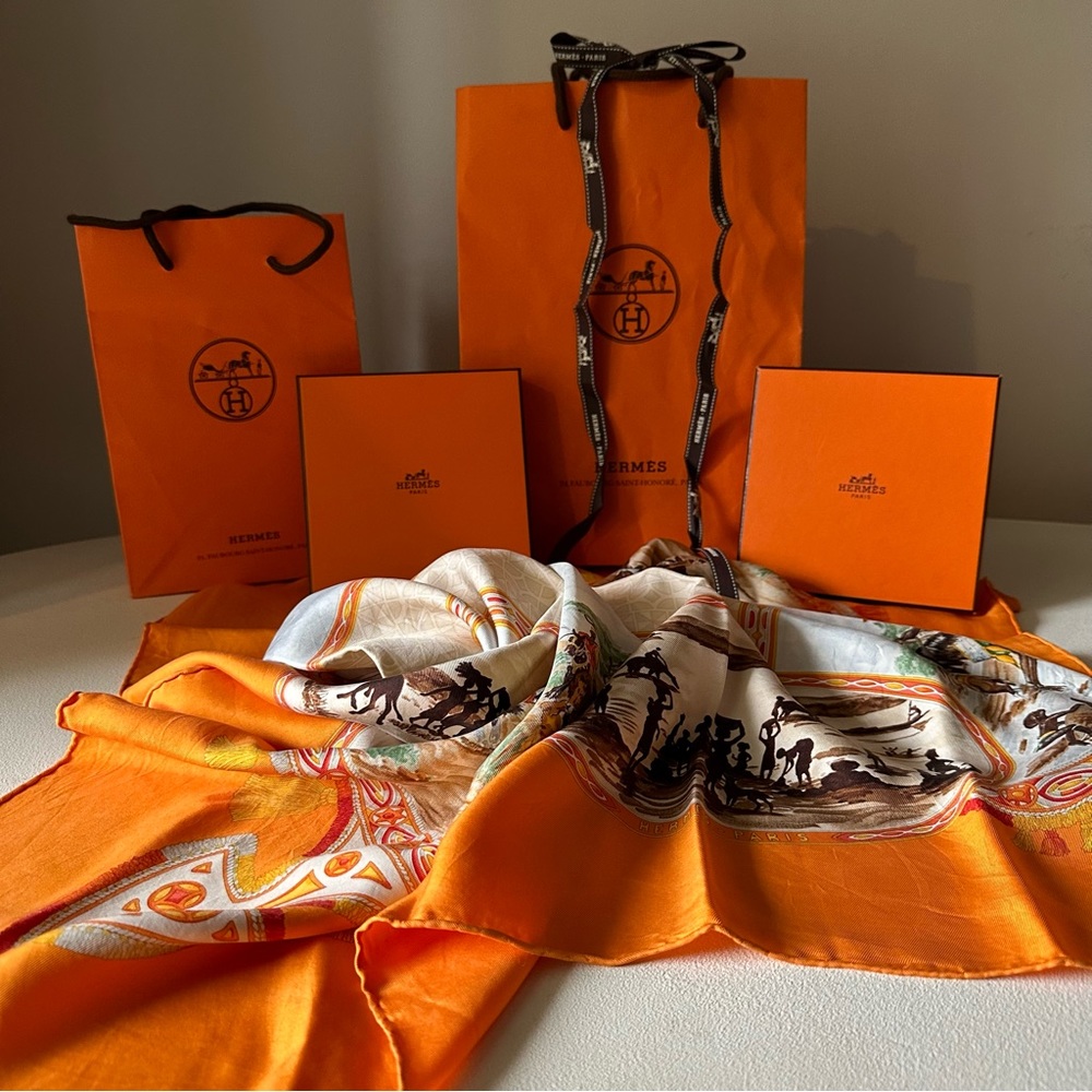 Hermés - Cavalier Peuls de Fougerolle Carre 90 Box Ribbon & Bag Silk Scarf
